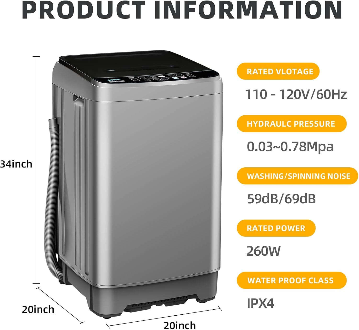 Portable Washing Machine 17.7lbs Full-Automatic Compact Washing Machine for Apartment, 10 Wash Program Small Washer for Dorm, Portable Washer Machines for RV, Home, Grey