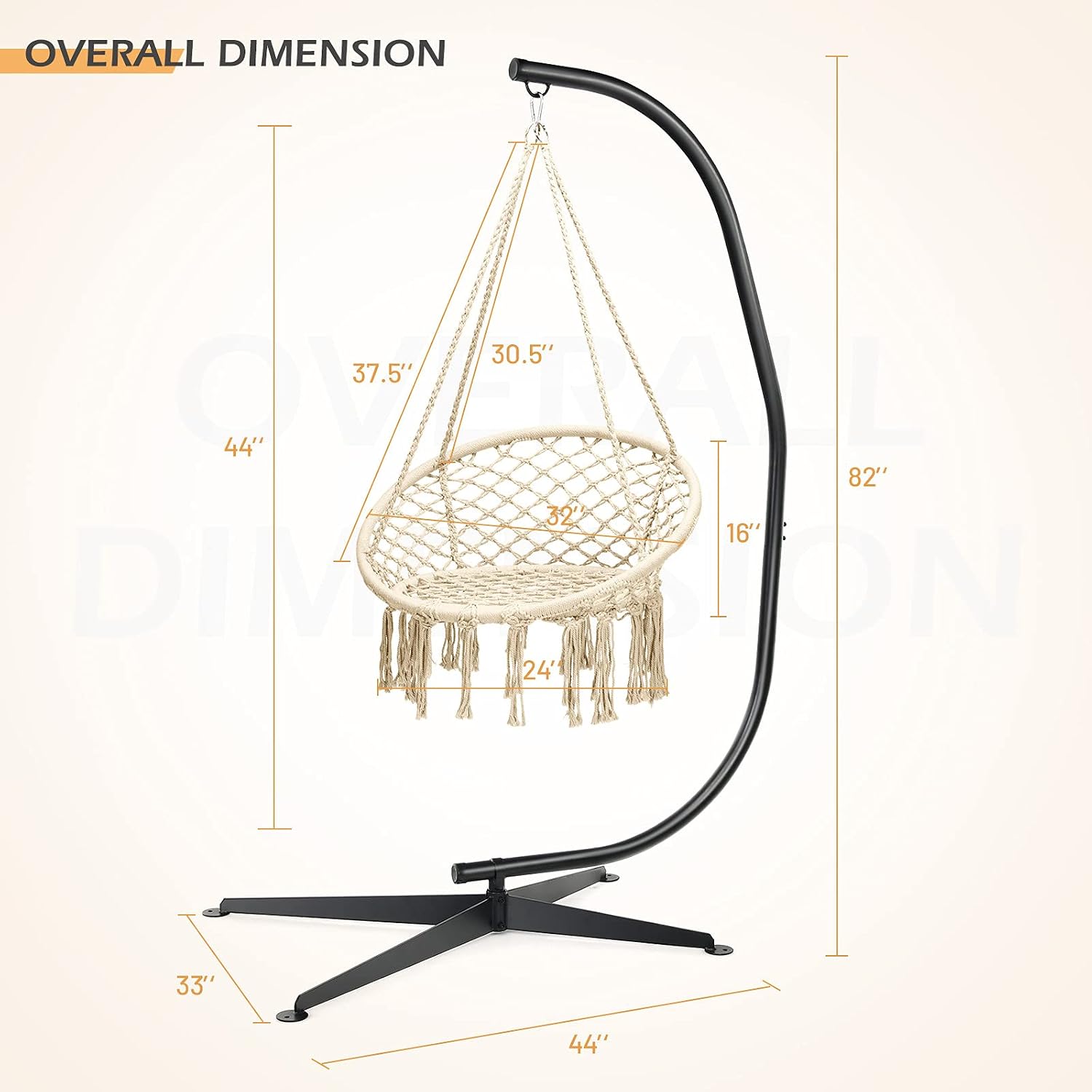 Giantex Hammock Chair with Stand, Solid Steel Heavy Duty C Stand with Macrame Hanging Chair, Handwoven Tassels Swing Chair Include Hammock Stand for Indoor Outdoor Use (Beige)
