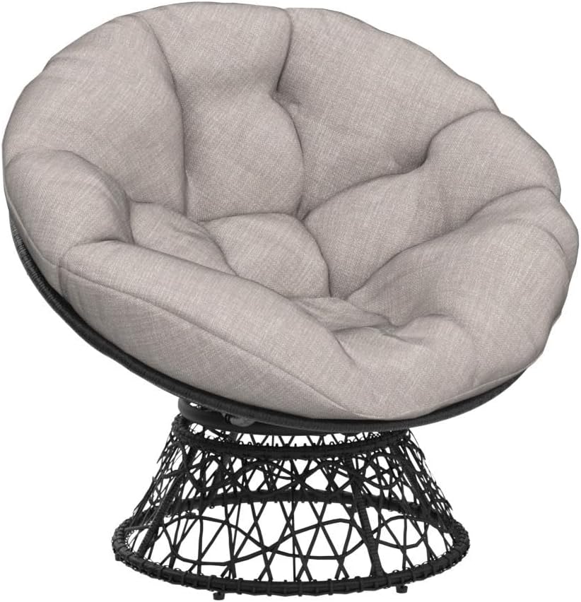 Bme 40' Ergonomic Wicker Papasan Chair with Soft Thick Cushion & Frame, 360° Swivel Papasan Chair, Circle Chair, Reading Chair, Chair for Living Room, Bedroom, Silver Cloud - Black Frame