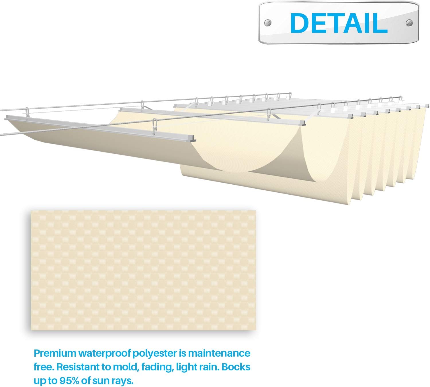 Patio 4'W x 16'L Waterproof Pergola Shade Cover Retractable Canopy Replacement, Outdoor Pergolas Fabric Covers for Patio, Sun Shades Cloth with Slide-On Wire Cable for Deck Gazebo Backyard, Beige