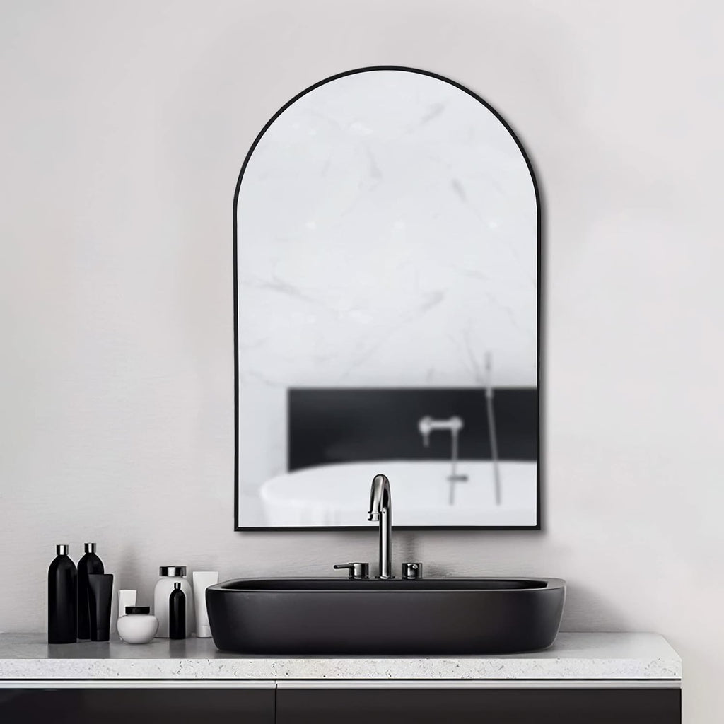 NeuType 36'x24' Arched Wall Mirror, Small Full Length Mirror Hanging or Leaning Against Wall, Dressing Mirror Make-up Mirror for Living Room, Bedroom, Bathroom, Aluminum Alloy Thin Frame, Black