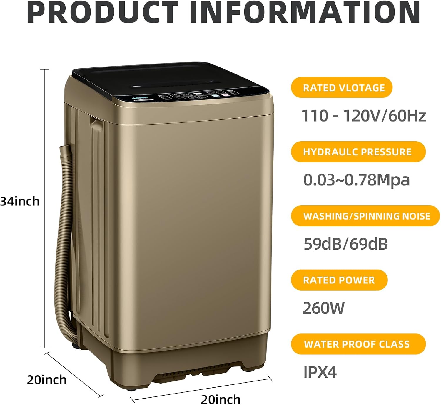 Qhou Full-Automatic Washing Machine, 15.6lbs Capacity Portable Washer, with Drain Pump, LED Display/8 Water Levels Selections/10 Programs Compact Laundry Washer for RV, Camping, Apartment, Dorm（Gold)