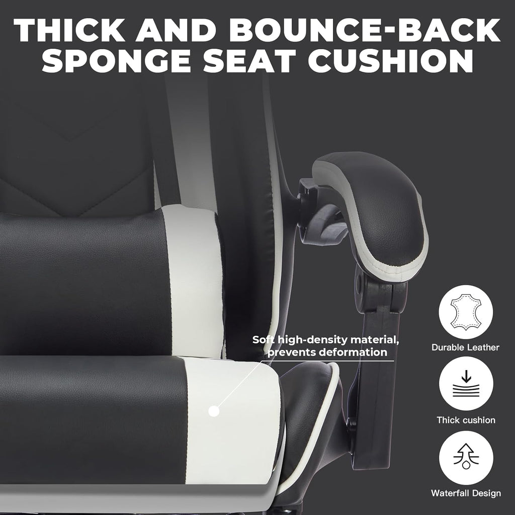 Gaming Chair with Massage and Footrest, Ergonomic High Back PC Racing Chair, 300LBS Capacity with Adjustable Lumbar Support & Headrest for Office and Desk (Model C, Black+White)
