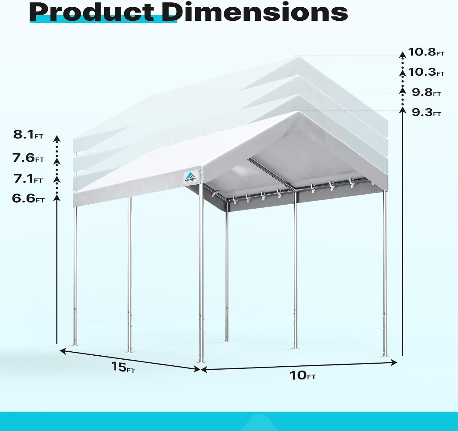 ADVANCE OUTDOOR 10x15 ft Heavy Duty Carport Potable Car Canopy Garage Party Tent Boat Shelter, Adjustable Height from 9.5 ft to 11 ft, White