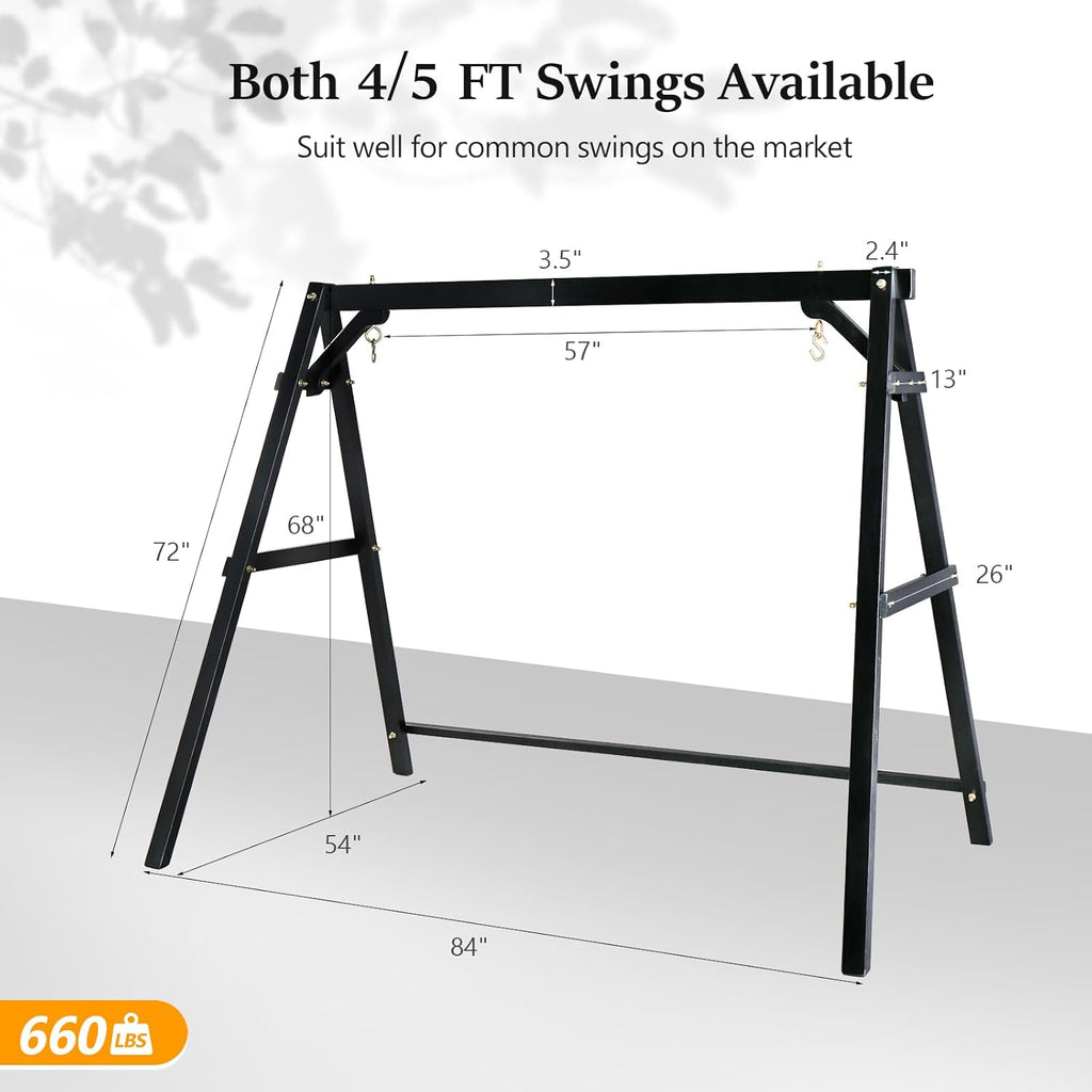 VINGLI 5 FT Outdoor Porch Swing with Frame, Heavy Duty 880 LBS Patio Hanging Swing with Stand for Backyard & Garden, Black