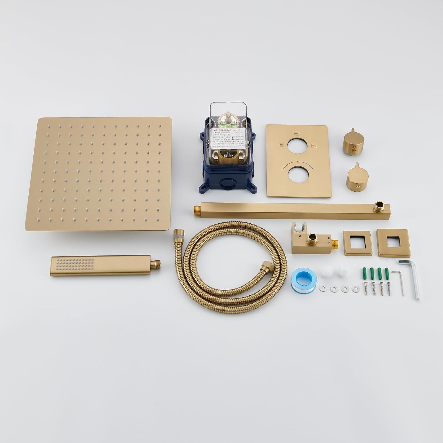 Iriber Thermostatic Shower System Wall Mount with 12 Inch Rainfall Shower Head and Handheld Bathroom Champagne Bronze Shower Set Contain Shower Faucet Mixer Trim Kit (Valve Included),Brushed Gold