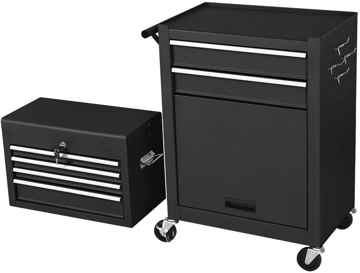 COSTWAYUS Tool Chest COSTWAY 2-in-1-Rolling-Cabinet-Storage-Chest-Box-Garage-Toolbox-Organizer-w-6-Drawers, Black