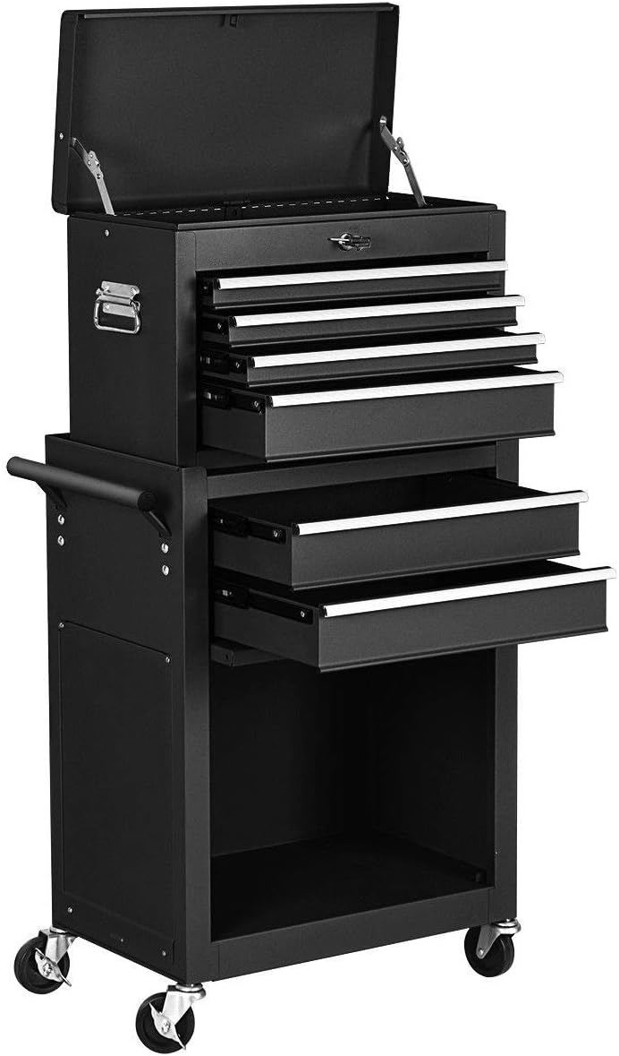 COSTWAYUS Tool Chest COSTWAY 2-in-1-Rolling-Cabinet-Storage-Chest-Box-Garage-Toolbox-Organizer-w-6-Drawers, Black