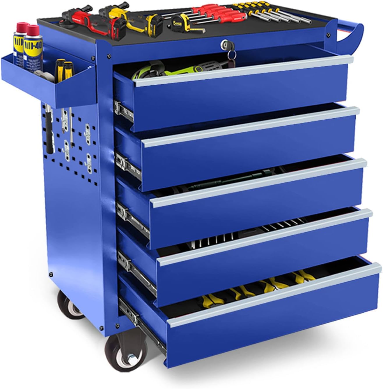 Rolling Tool Chest with Wheels, 5 Drawers Tool Storage Cabinet, Portable Metal Tool Box Organizer with Lock, Tool Cart on Wheels Toolbox Workbench for Garage, Workshop, Warehouse(Required Assembly)