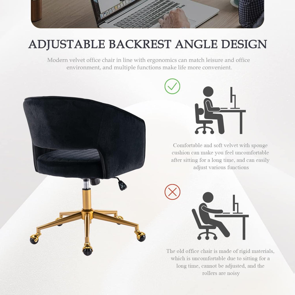 Eifizek Velvet Office Desk Chair, Modern Adjustable Home Desk Chair with Wheels, Swivel Vanity Chair for Bedroom, Office, Vanity Study (Black)