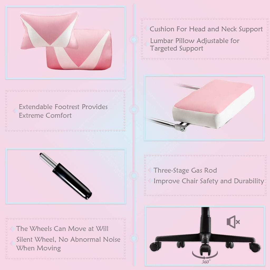 Soontrans Pink Gaming Chairs with Footrest,Ergonomic PC Computer Game Chair,Lovely Home Office Desk Pink Chair with Headrest and Lumbar Support Gamer Chair for Girls