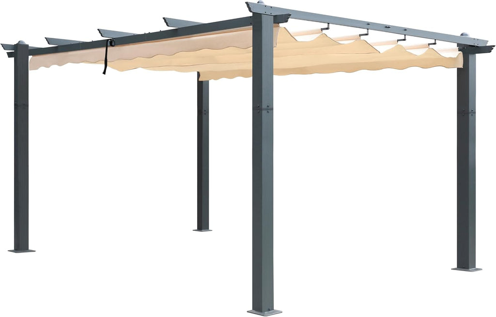 Yardenaler 10x10 FT Pergola with Retractable Sun Shade Canopy, Aluminum Patio Shelter Grape Trellis for Garden, Backyard, Porch, Cream White