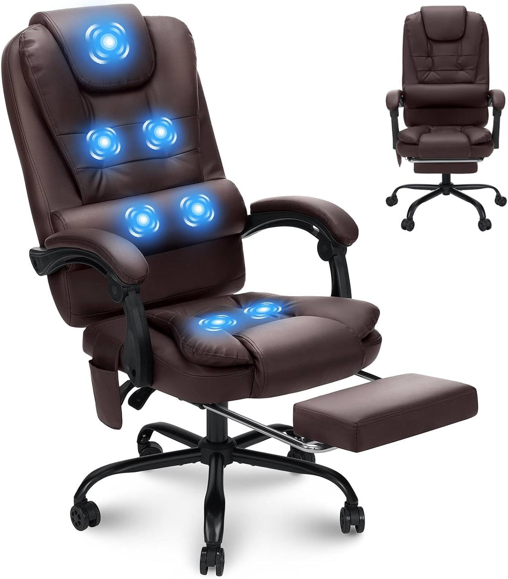 HOFFREE Massage Office Chair with Foot Rest 7 Points Vibration Ergonomic Executive Desk Chair Leather Computer Office Chair Brown