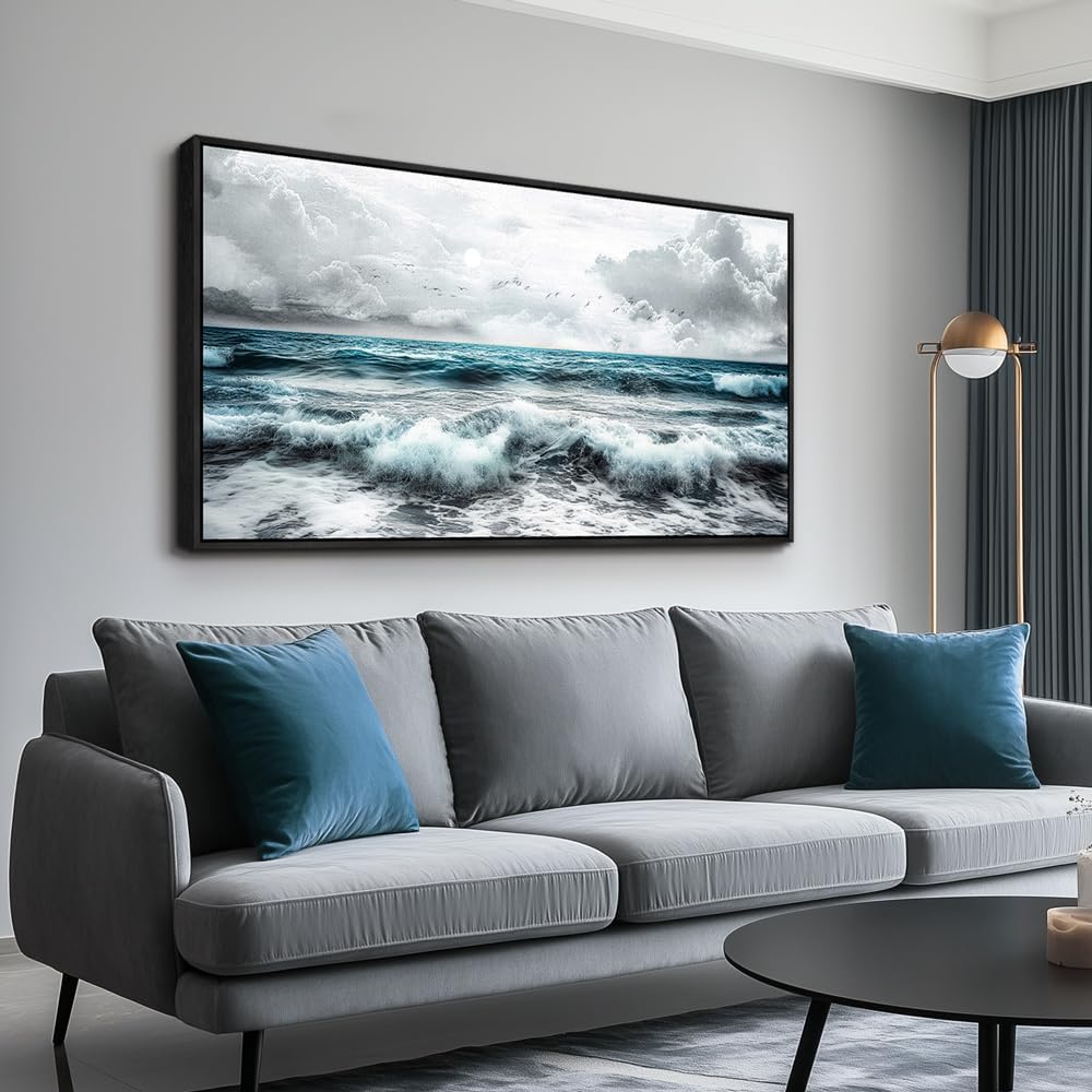ERQINHUA Black And White Beach Wall Painting Large Canvas Wall Art For Living Room Wall Decor For Bedroom Office Wall Decor Blue Sea Wave Pictures Artwork Hotel Home Decor Black Framed 30x60 In