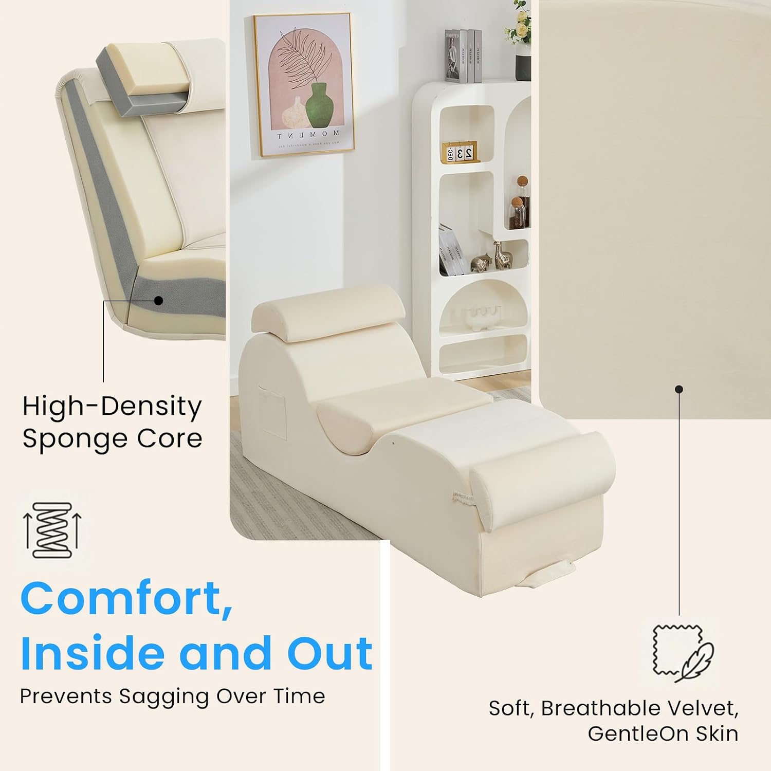 ijuicy 25 Inch Yoga Stretch Chair, Velvet Household Fitness Training Chair, Indoor Relaxation Recliner with Headrest & Adjustable Footrest, Beige