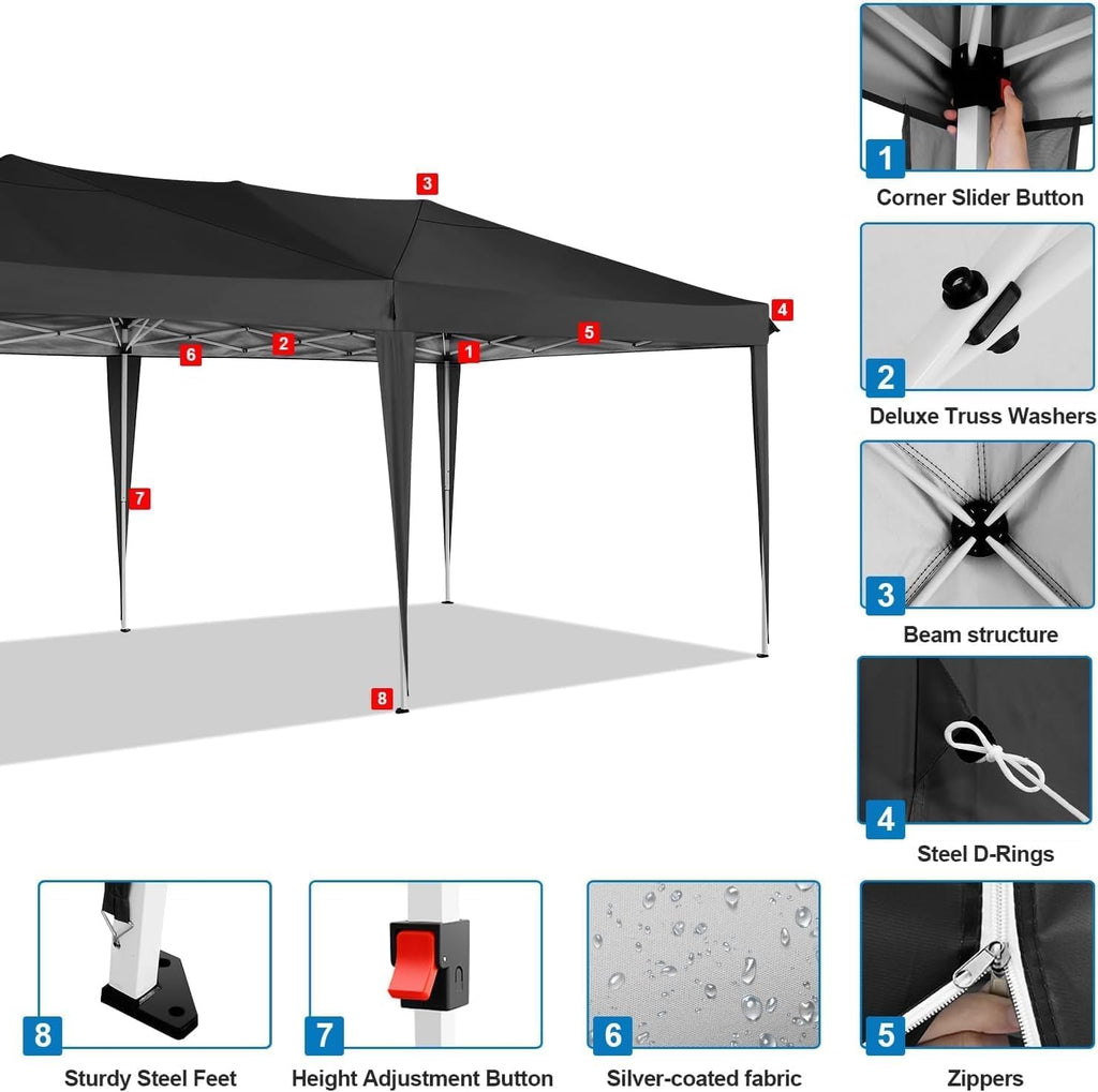 COBIZI 10x20 Pop Up Canopy Tent Commercial Instant Shelter with 6 Sidewalls, Durable Waterproof Portable Gazebo UPF 50+ for Outdoor Party, Wedding, Vendor Events (Black)