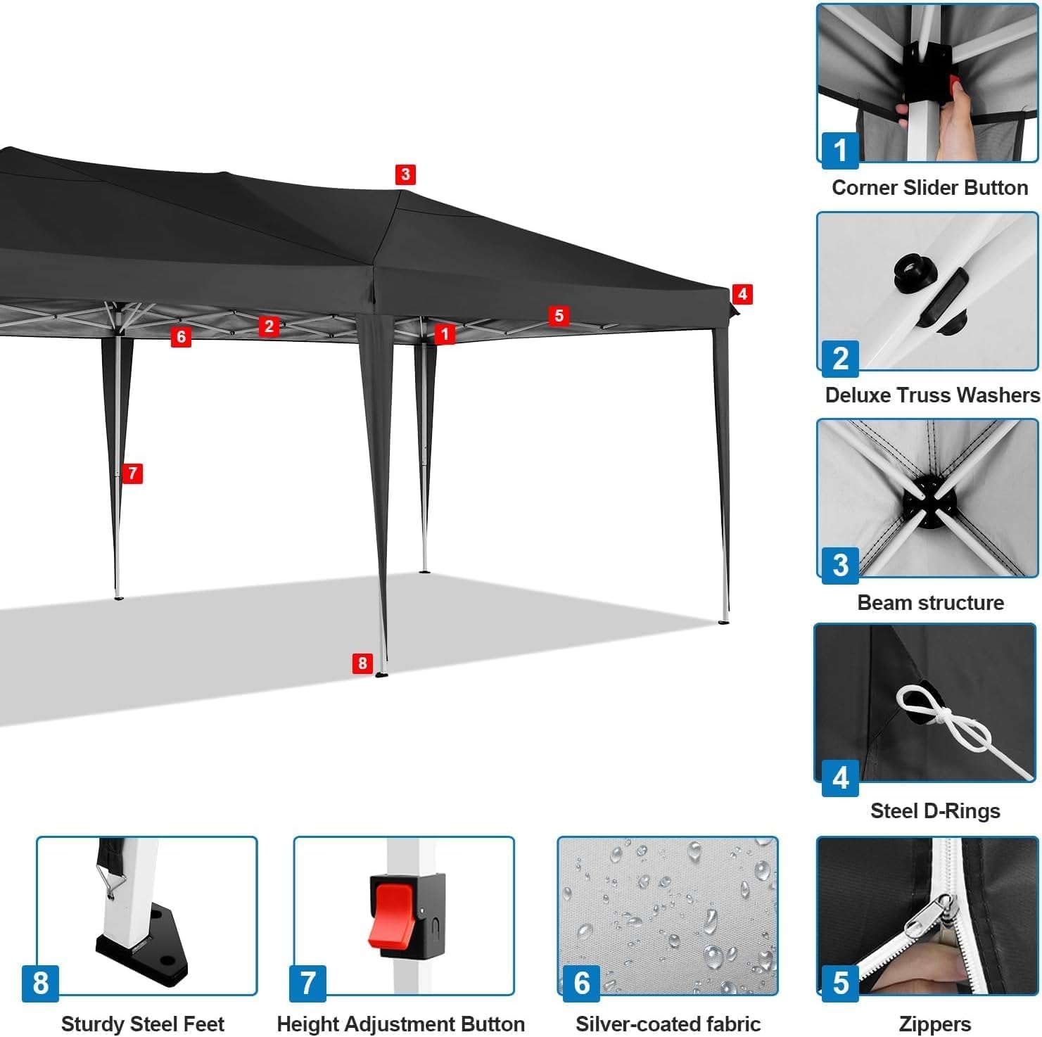 COBIZI 10x20 Pop Up Canopy Tent Commercial Instant Shelter with 6 Sidewalls, Durable Waterproof Portable Gazebo UPF 50+ for Outdoor Party, Wedding, Vendor Events (Black)