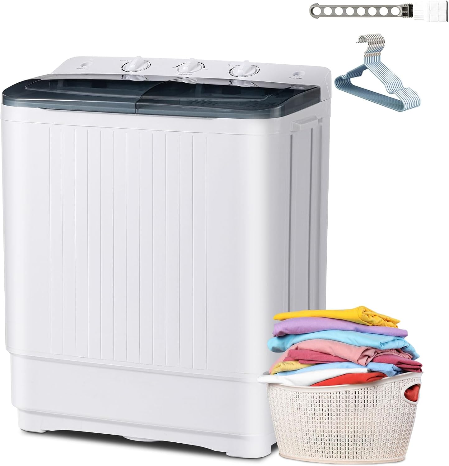 Portable Mini Twin Tub 32Lbs Washing Machine with Drying Rack & 10 Hangers, Washer(20Lbs) and Spinner(12Lbs) Combo with Timer Knob, Compact Semi-automatic Laundry Washer for Home Dorm Apartment, Black