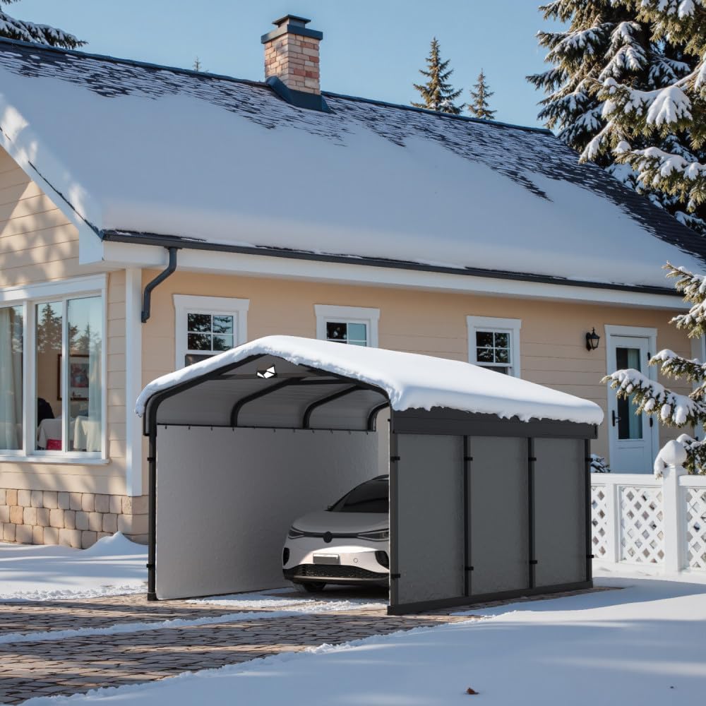 Carports Canopy Heavy Duty, Metal Roof Portable Garage with Sidewalls (10x15, Grey)