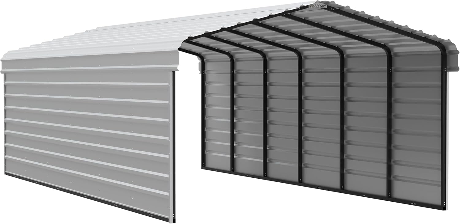Arrow Carports Galvanized Steel Carport, with 2-Sided Enclosure, Compact Car Metal Carport Kit, 12' x 29' x 7', Eggshell