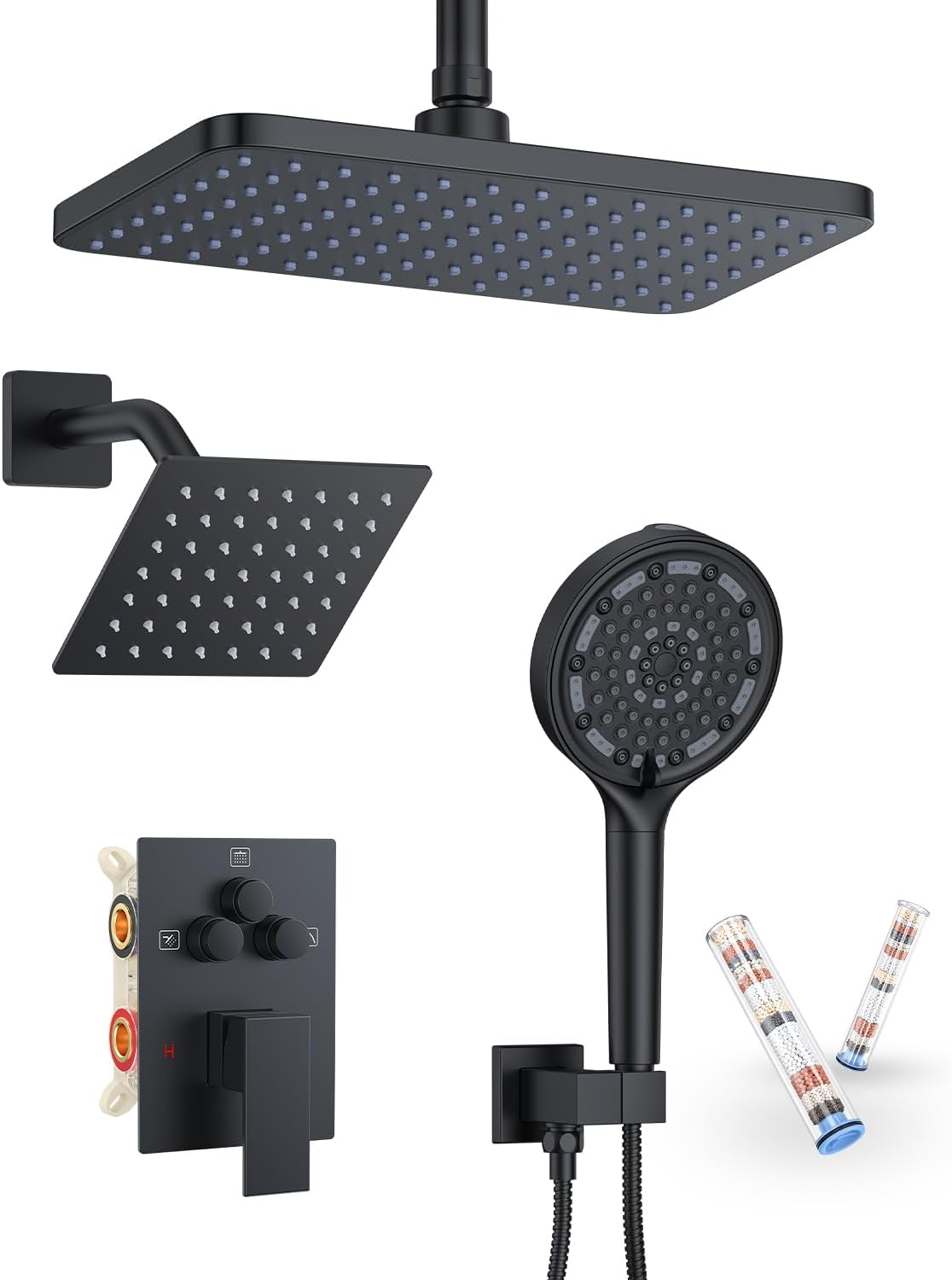 KOJOX Matte Black Dual Shower Head System – 11' Ceiling Rainfall + 6' Wall Mount Heads, 6-Mode Handheld Spray, Push-Button Diverter Faucet Set