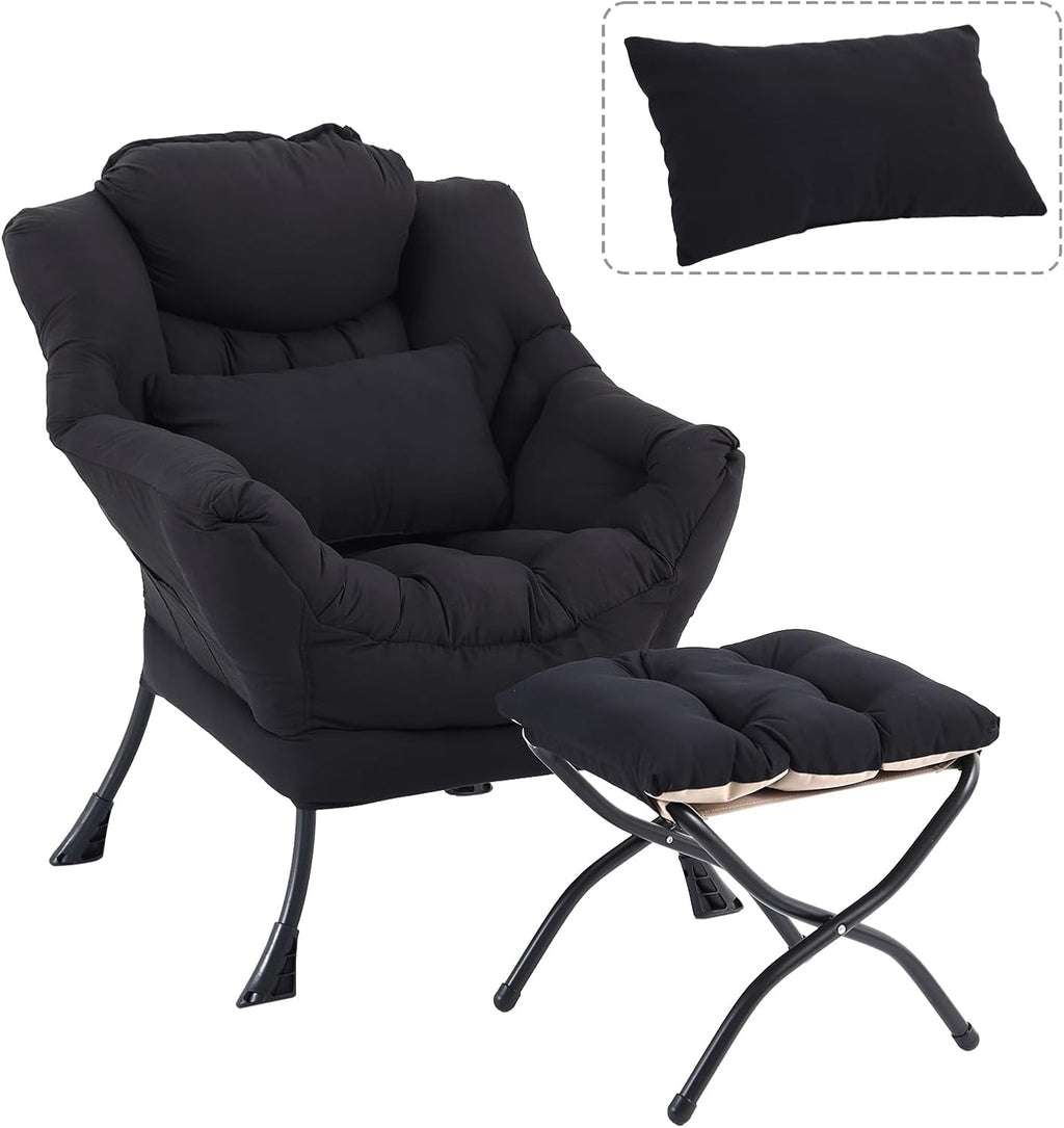 Lazy Chair with Ottoman, Modern Accent Chair with Lumbar Pillow, Black Sofa, Armchairs with Folding Footrest, Oversized Supportive Chairs for Bedroom, Reading