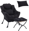 Lazy Chair with Ottoman, Modern Accent Chair with Lumbar Pillow, Black Sofa, Armchairs with Folding Footrest, Oversized Supportive Chairs for Bedroom, Reading
