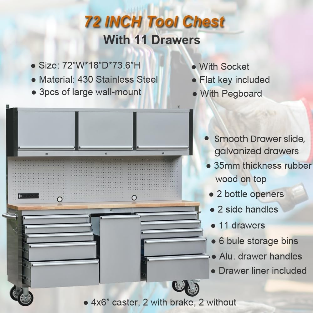 AnorTrek 72 inch Stainless Steel Tool Chest with 11 Drawer & 3 Up Cabinet & Pegboard, Large Lockable Mobile Workbench with 6 Blue Storage Bins, Rolling Tool Cabinet for Garage, Workshop