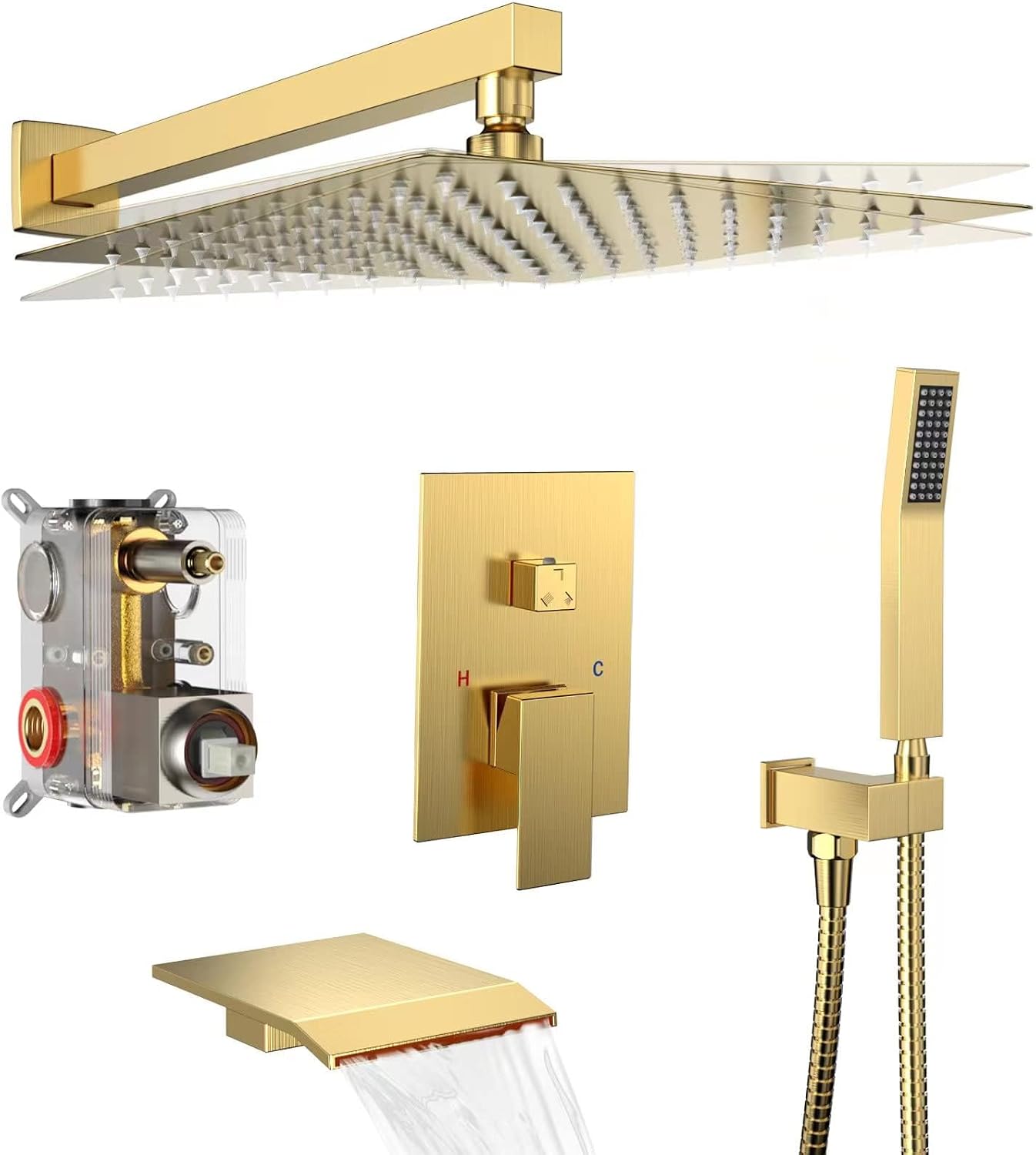 Shower System Rain Shower Faucet Set with Tub Spout,10 inch Bathroom Wall Mounted Waterfall Bathtub Faucet with Handheld Spray and Rough-in Valve Body and Trim kit,Brushed Gold
