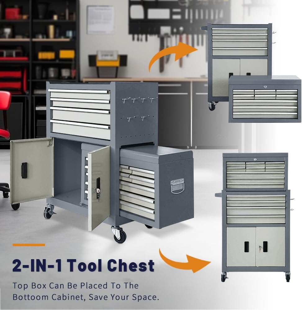 13-Drawer Rolling Tool Chest with Double Doors, 2 in 1 Detachable Rolling Tool Chest with Drawers, Mobile Tool Cabinet Combo, Metal Large Lockable Tool Box for Garage Workshop (Gray)