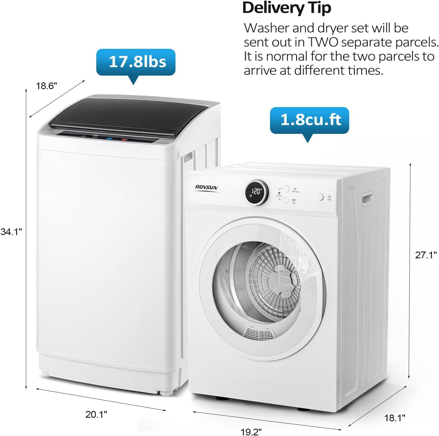ROVSUN 17.8LBS Full-Automatic Washing Machine and 1.8CuFt Portable Clothes Dryer Set, Compact Laundry Washer and Dryer Combo Set with Stainless Steel Inner Tub, for Apartment, Dorm, Home
