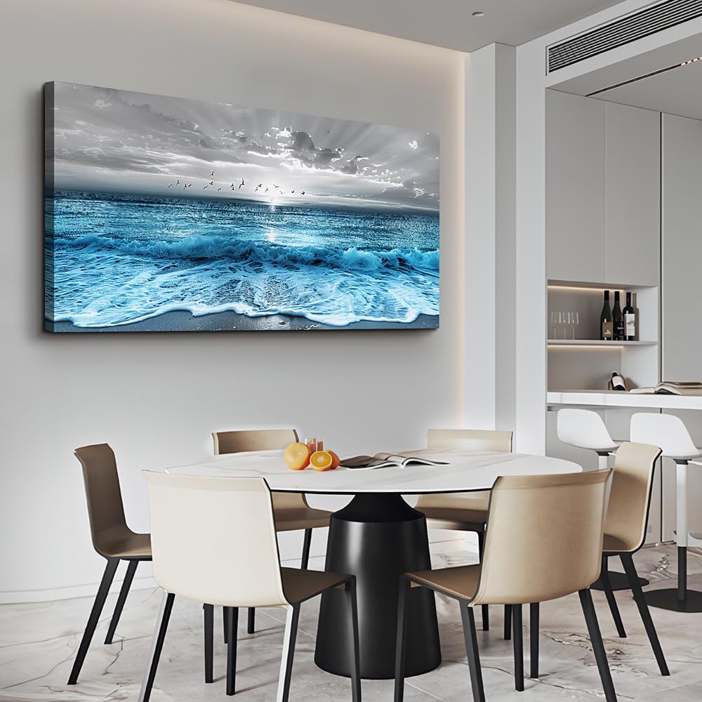 ERQINHUA Large Canvas Printed Artworks Mural Wall Decor For Living Room Wall Art For Bedroom Office Restaurant Decoration Blue Sea Wave Ocean Paintings Beach Wall Pictures Modern Home Decor 30'X60'