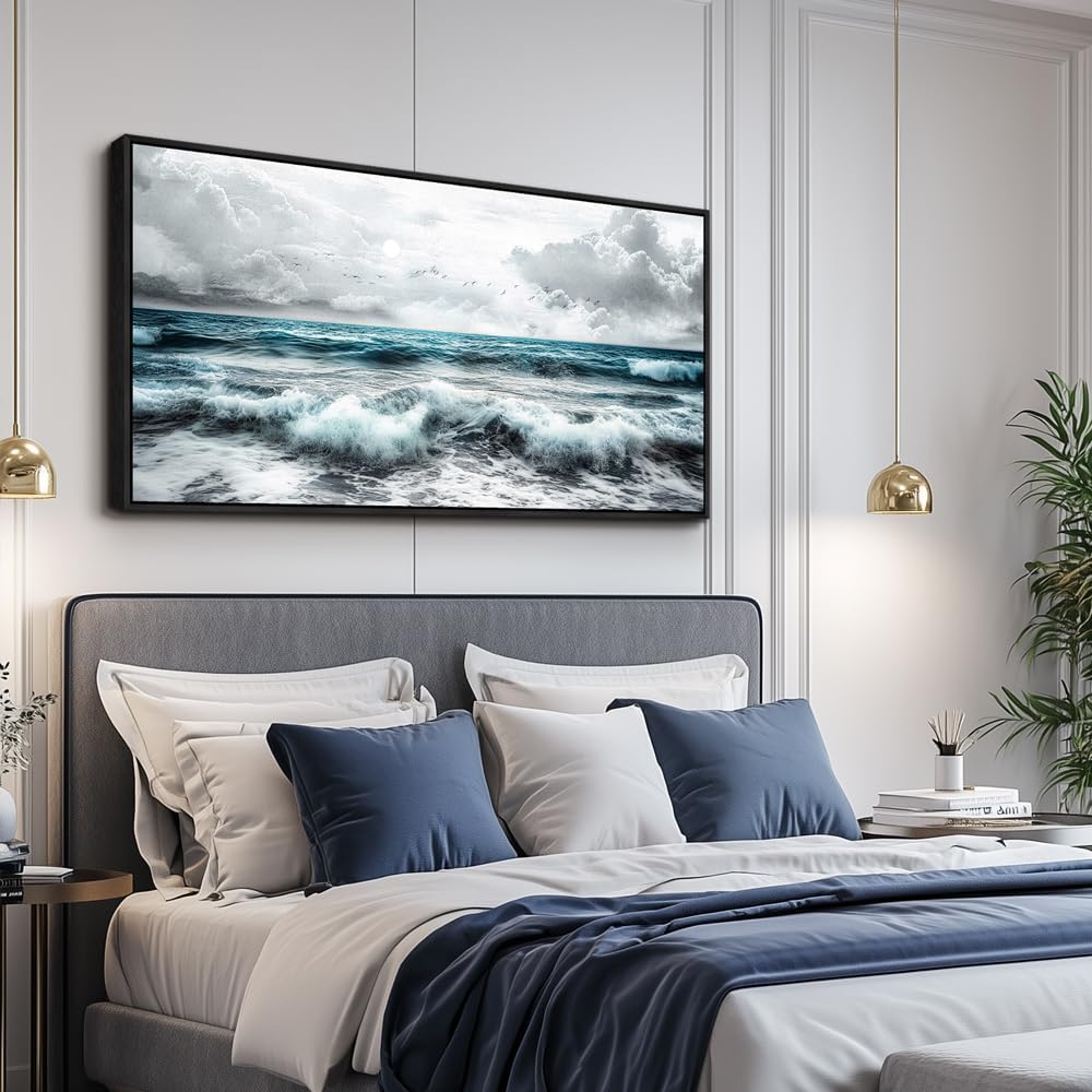 ERQINHUA Black And White Beach Wall Painting Large Canvas Wall Art For Living Room Wall Decor For Bedroom Office Wall Decor Blue Sea Wave Pictures Artwork Hotel Home Decor Black Framed 30x60 In