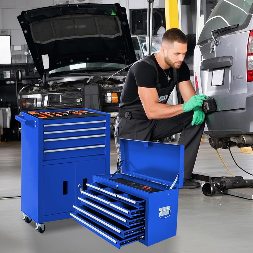 13-Drawer Rolling Tool Chest with Double Doors, 2 in 1 Detachable Rolling Tool Chest Combo, Mobile Tool Cabinet with Drawers, Metal Large Lockable Tool Box for Garage Workshop (Blue)