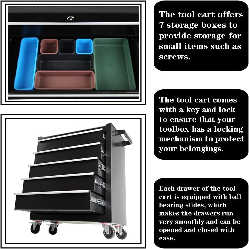 Black 5 Drawer Rolling Tool Cart - Lockable Home Repair Tool Storage Organizer with Wheels for Mechanic Garage, Workshop & Home Crafts Use