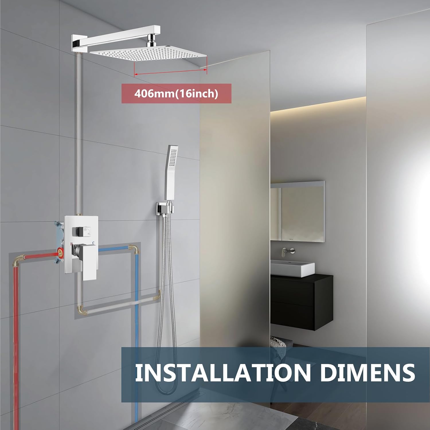 Aolemi Shower Faucet Set Rain Shower System with Handheld Spray Bathroom Shower Combo Rough-in Valve and Shower Trim Kit Included Polish Chrome 16 Inch Wall Mount Shower Head