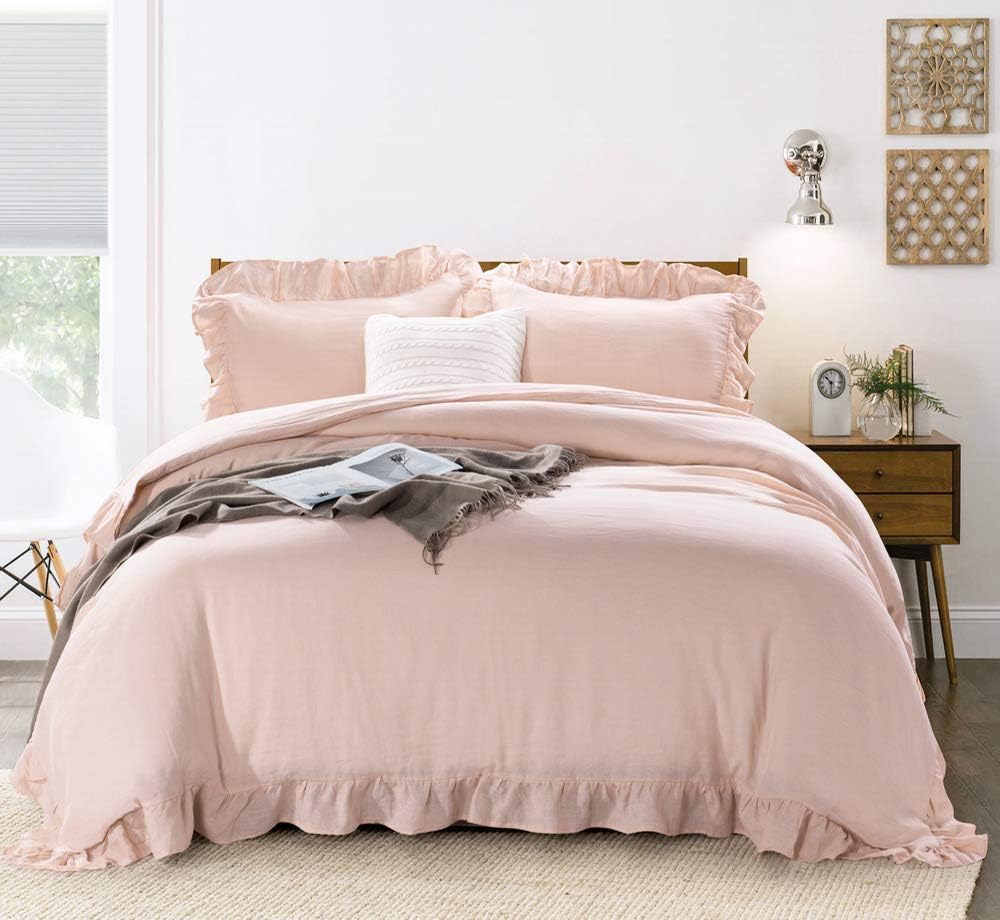 MEADOW PARK 100% Stone Washed French Linen Duvet Cover Set 3 Pieces- Super Soft, King Size 104 inches x 92 inches - Shams 20 inches x 36 inches, Ruffled Style - Button Closure - Corner Ties, Pale pink