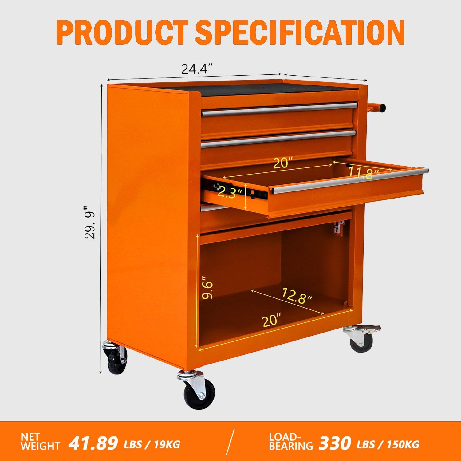4-Drawer Tool Cart on Wheels, Drawers Rolling Tool Chest with 1 Cabinet, Mobile Trolley Organizer Tools Box with Locking Wheels & Ball Bearing Drawers for Garage,Warehouse,Repair Shop (Orange)