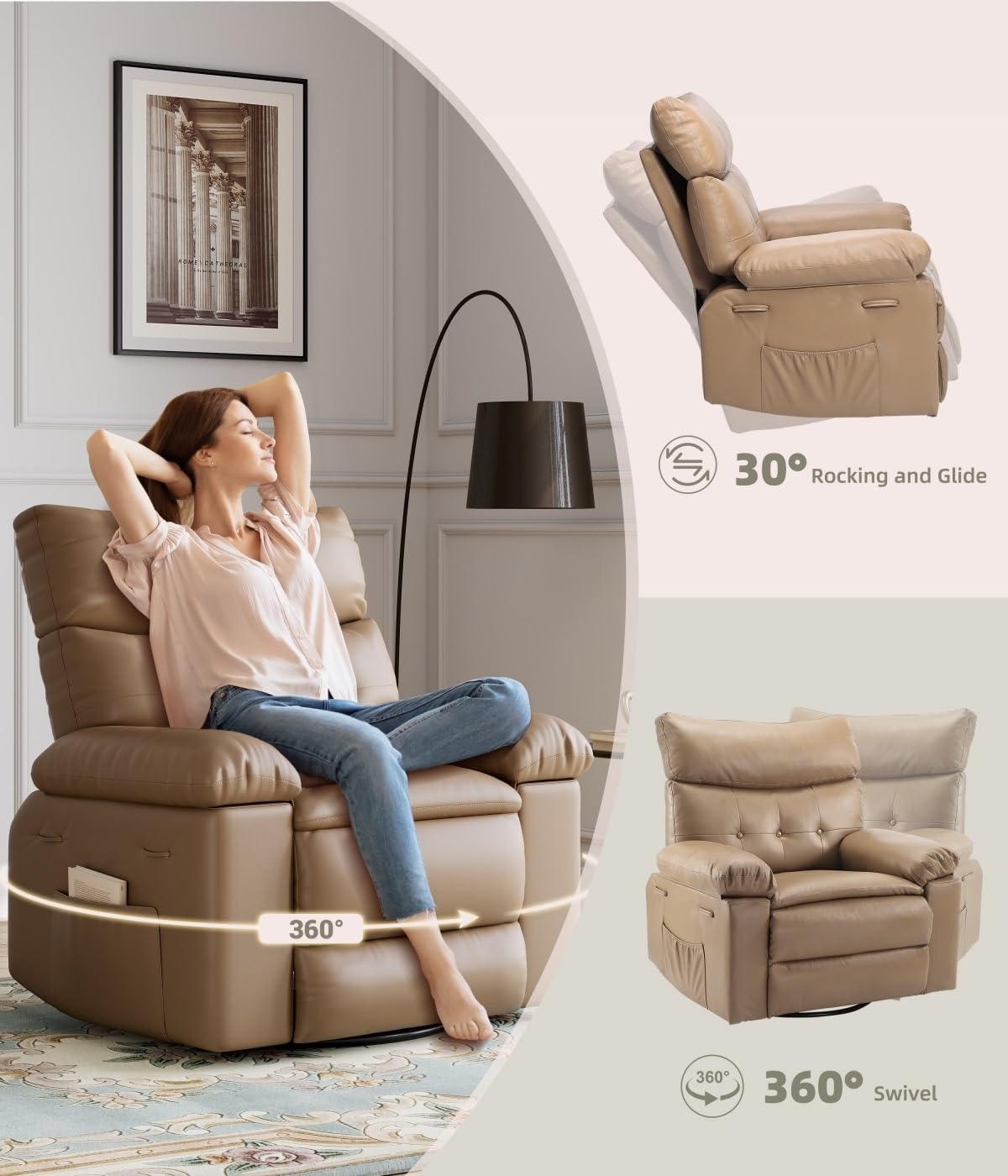 GarveeHome Recliner Chair, 360° Swivel Rocker Recliners with Heat & Massage, Soft Lazy Boy Recliner Chair with 2 Cup Holders and Side Pocket for Living Room Bedrooms and Nurseries (Modern, Tan)