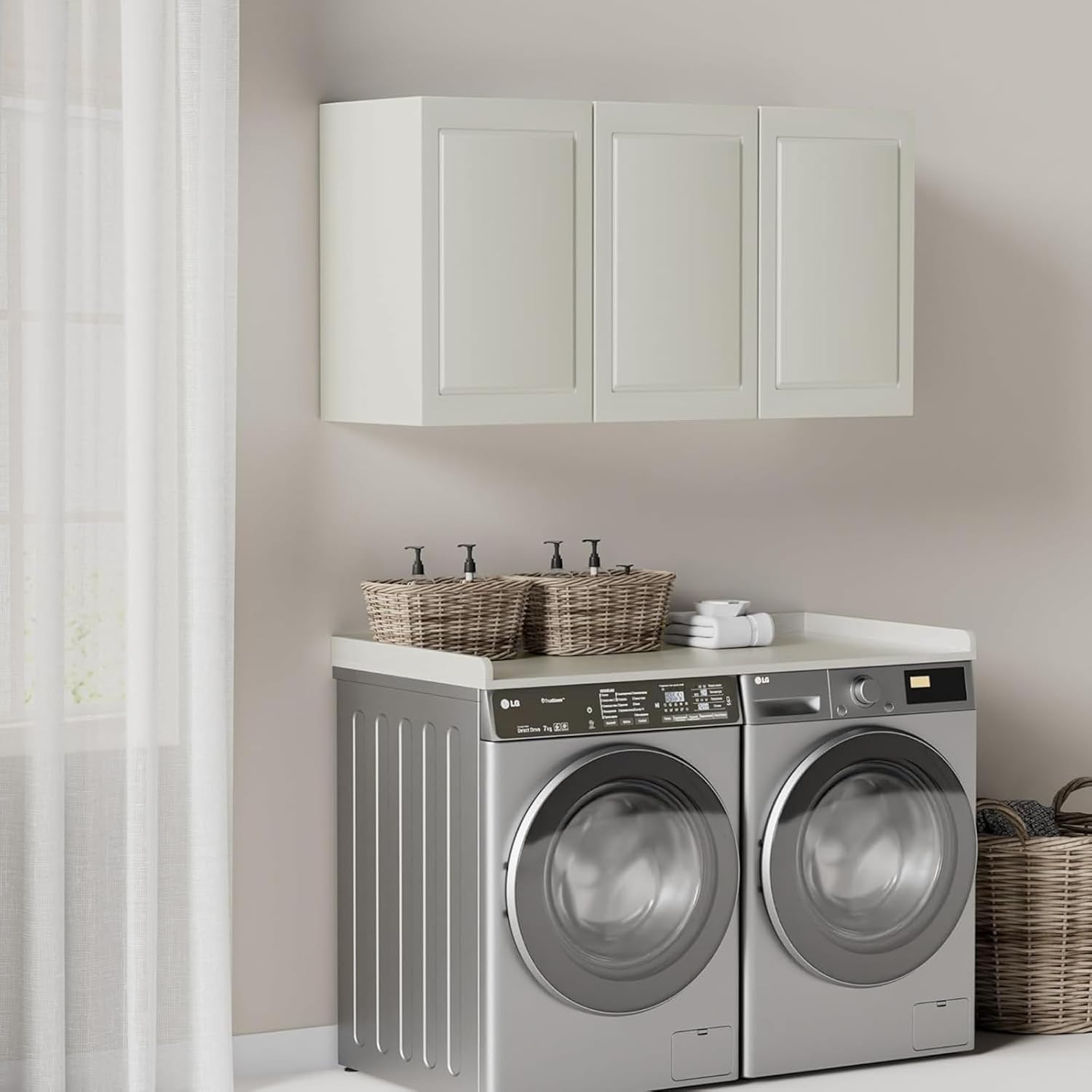 Kaboon Washer Dryer Countertop, Melamine Countertop with Edge Rails - 27.5' Depth x 54' Width Laundry Room Organization, White