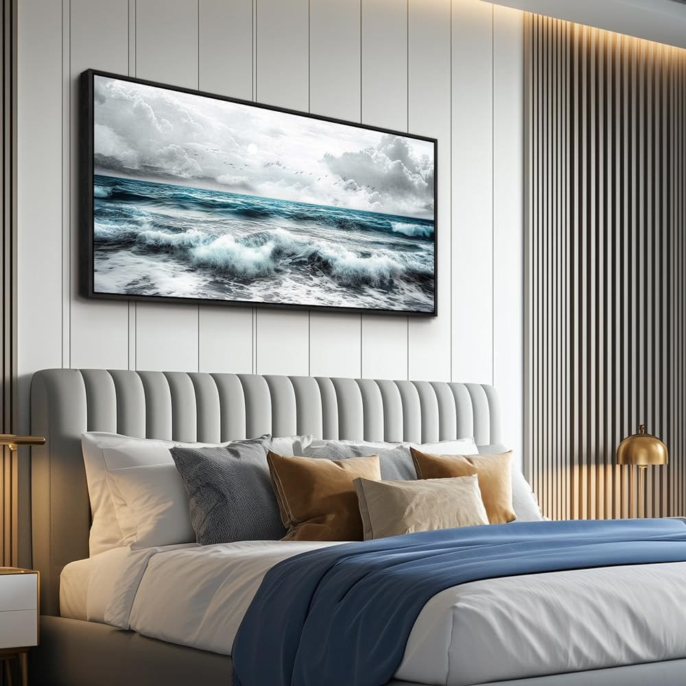ERQINHUA Black And White Beach Canvas Wall Art For Living Room Wall Decoration For Bedroom Office Wall Decor Blue Sea Wave Printing Pictures Artwork Home Decor Painting Black Framed 24x48 In
