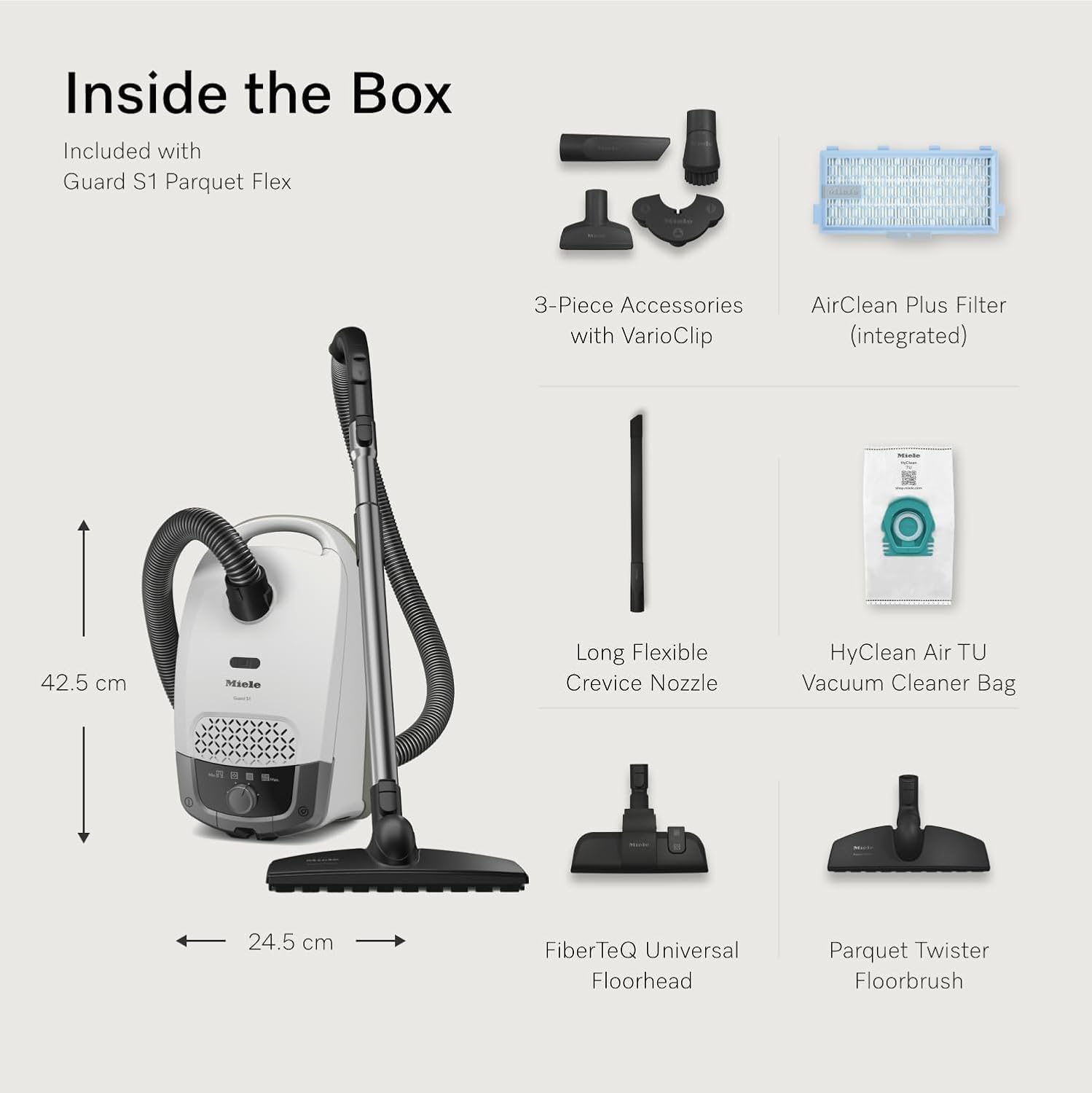 Miele Guard S1 Parquet Flex Bagged Canister Vacuum Cleaner with AirClean Plus Filter, Parquet Twister Brush, FiberTeQ Universal Floorhead & XL Flexible Crevice Tool – Brilliant White