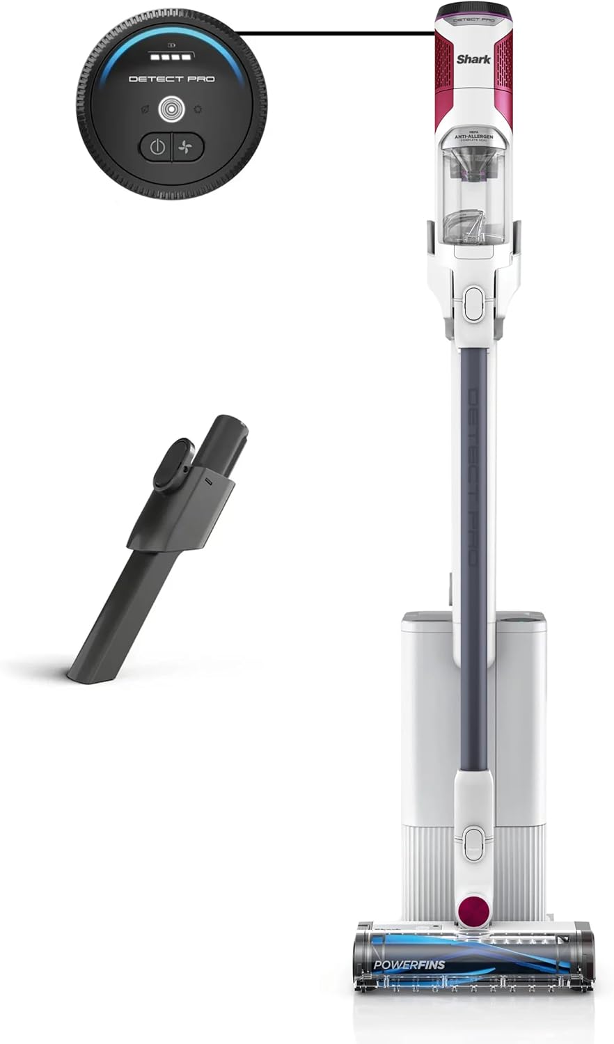 SHARK IW3525Q Detect Pro Auto-Empty System - Lightweight Cordless Stick Vacuum for Pet Hair with HEPA Filter, Odor Neutralizer, Portable Handheld, Charging Dock, Tools (Renewed) (White + Magenta)