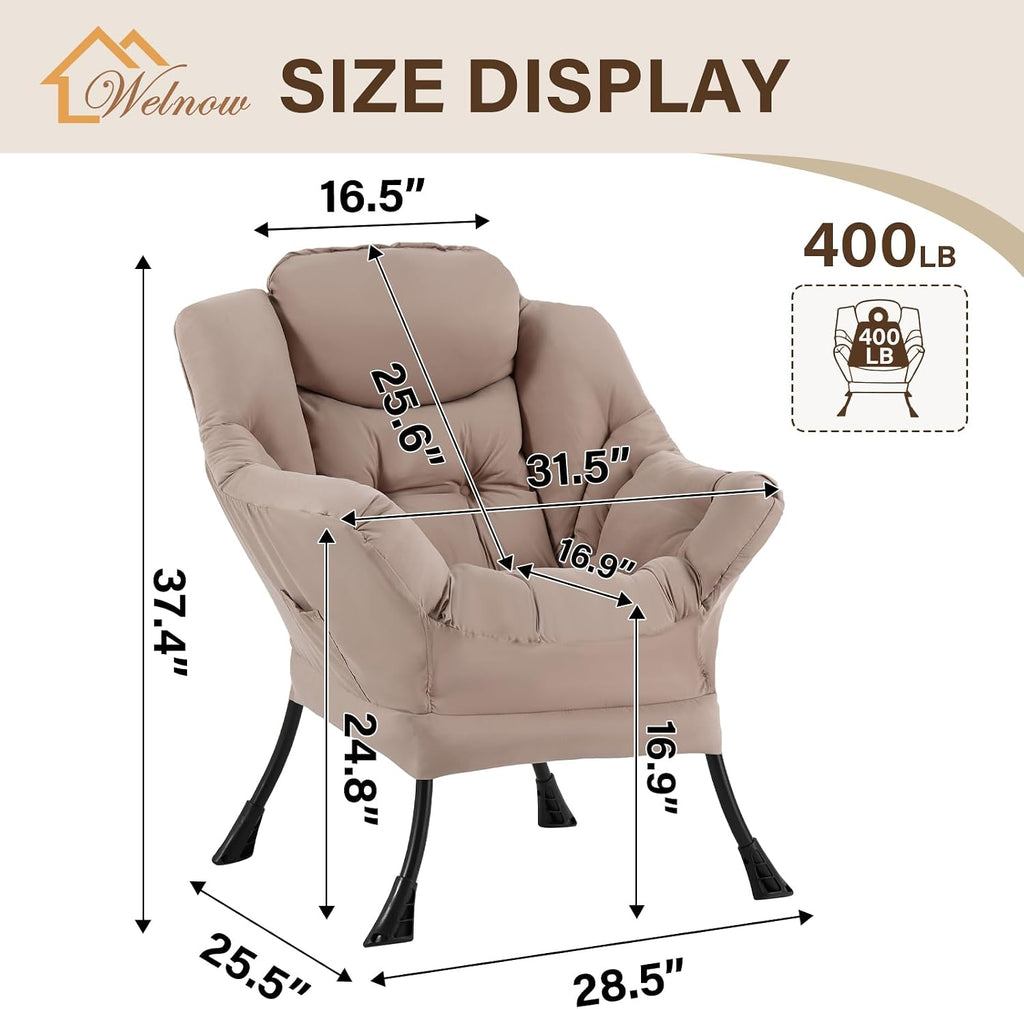 Welnow Khaki Single Lazy Chair for Living Room, Modern Reading Accent Chair with Armrests and a Side Pocket, Leisure Lazy Sofa Chair for Small Space, Bedroom, Dorm