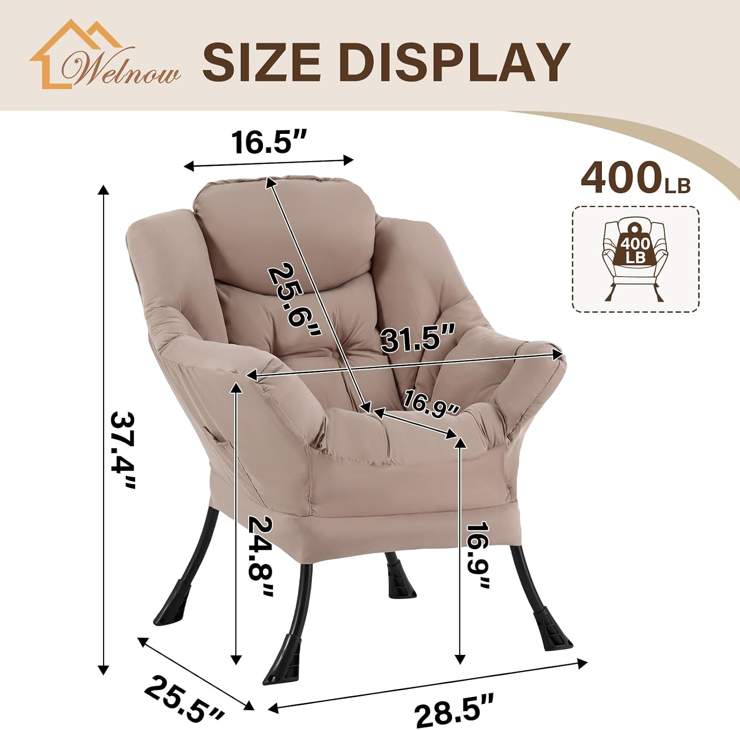 Welnow Khaki Single Lazy Chair for Living Room, Modern Reading Accent Chair with Armrests and a Side Pocket, Leisure Lazy Sofa Chair for Small Space, Bedroom, Dorm