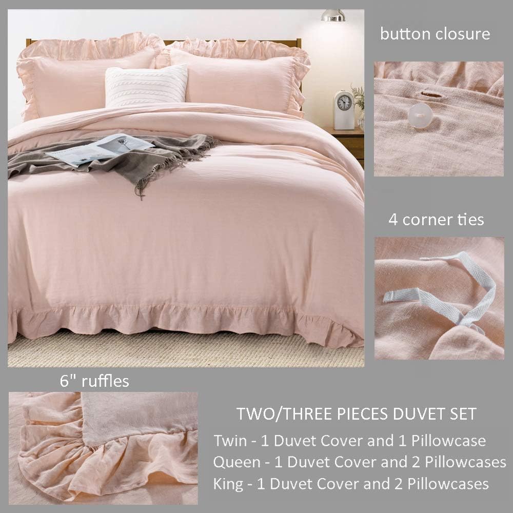 MEADOW PARK 100% Stone Washed French Linen Duvet Cover Set 3 Pieces- Super Soft, King Size 104 inches x 92 inches - Shams 20 inches x 36 inches, Ruffled Style - Button Closure - Corner Ties, Pale pink