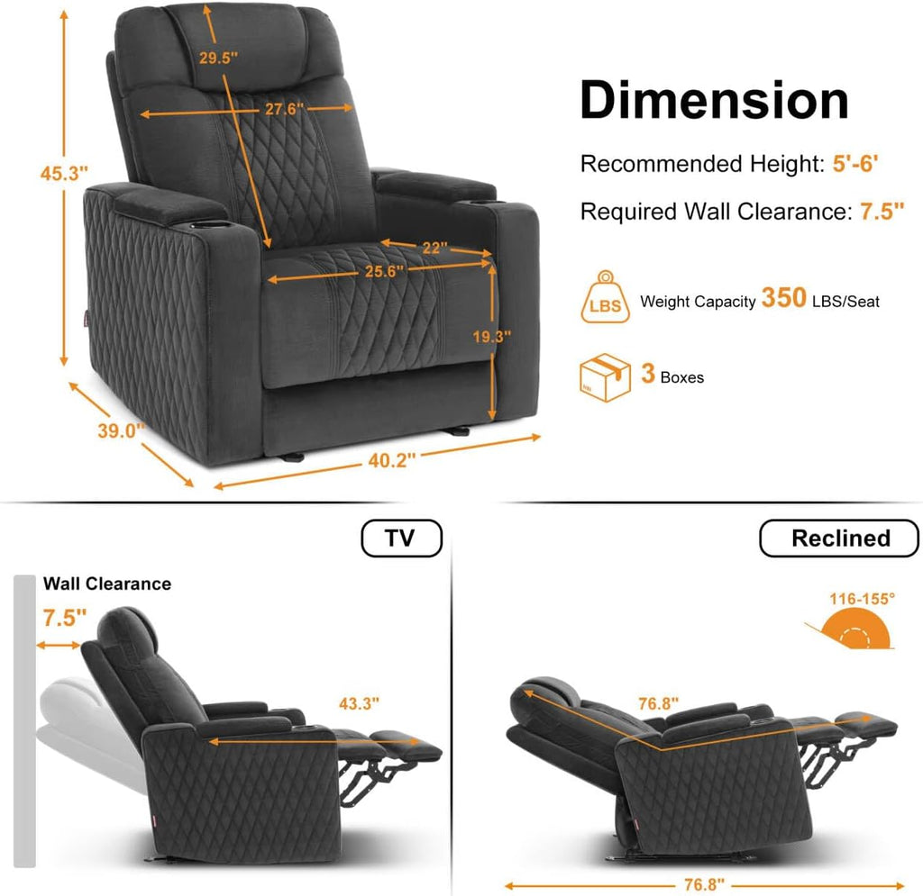 MCombo Zero Gravity Oversized Power Recliner Chair for Adults with Power Headrest & LED Light, Fabric Recliner Chair for Living Room & Home Theater, USB & Type C Port, Armrest Storage HTS401