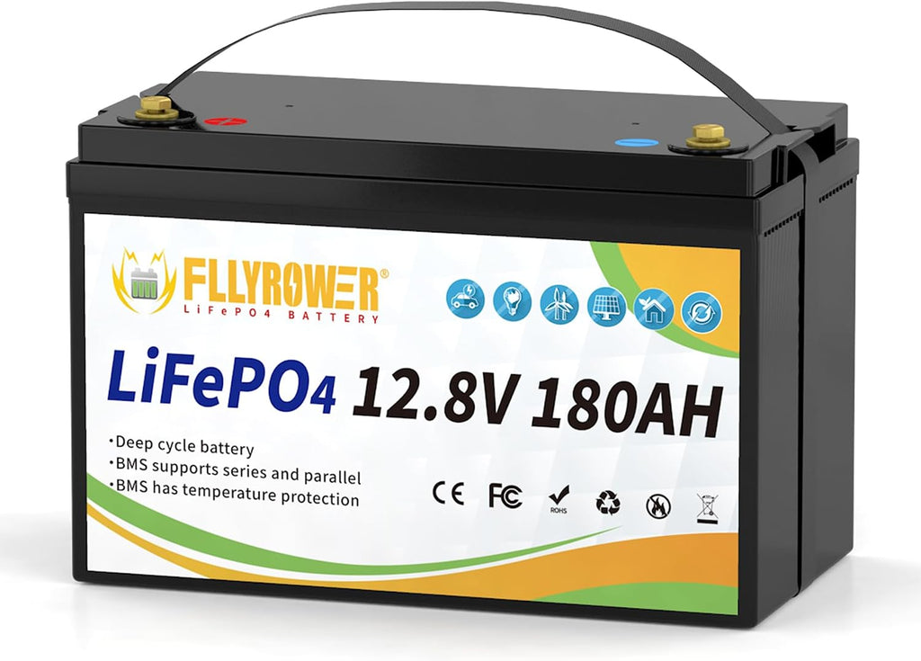FLLYROWER 12V Lithium Battery 180AH With BMS and 16500 Deep Cycles 12V 180AH Lifepo4 Battery Grade A Cells for Marine Trolling Motor RV camping Solar Golf Cart Off-Grid
