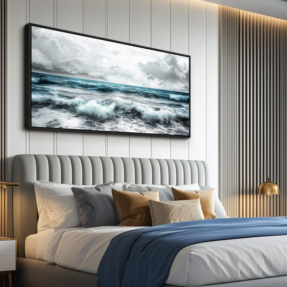 ERQINHUA Black And White Beach Wall Painting Large Canvas Wall Art For Living Room Wall Decor For Bedroom Office Wall Decor Blue Sea Wave Pictures Artwork Hotel Home Decor Black Framed 30x60 In