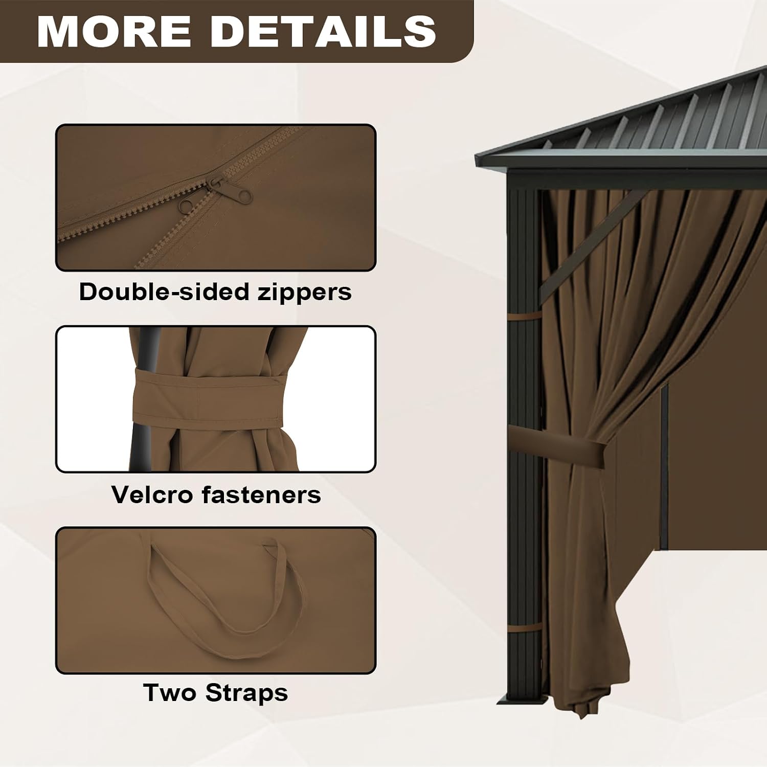 slashome 10'x12' Outdoor Gazebo Curtains Waterproof, Brown Universal Replacement Curtain 4-Panels, Sidewalls with Zipper for Garden, Patio, Yard (Only Curtains)